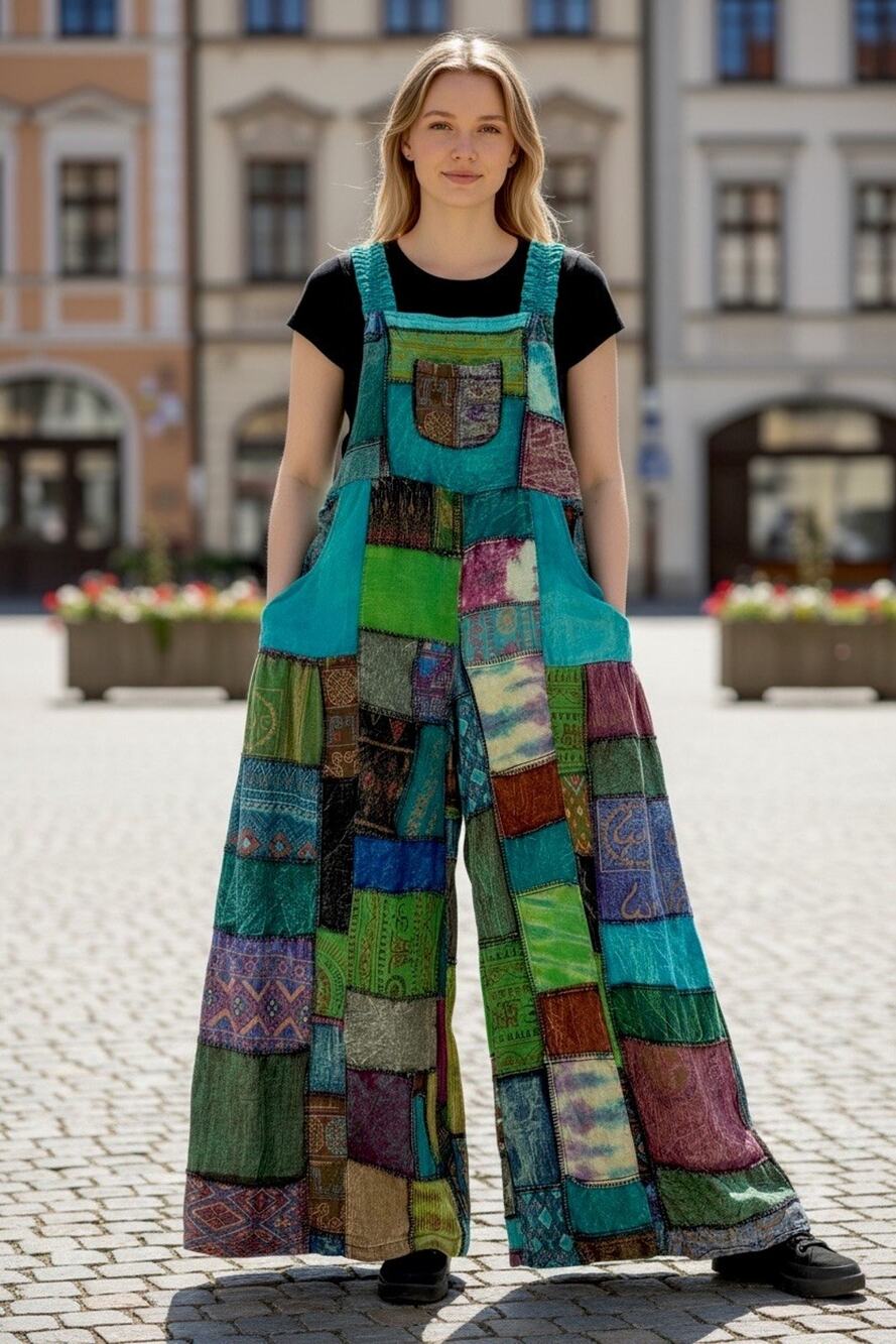 Kultural Vibez Batik Designs Patchwork Overalls OS 100% Cotton Jumpsuit Wide Leg